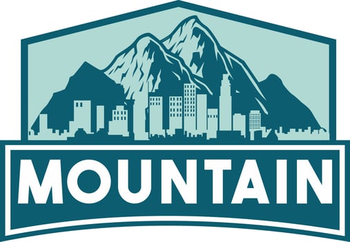Mountain logo with city silhouette.Mountain tourism. vector pennant, emblem, logo, label, flyer.