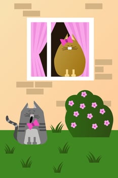 A cat in love sings under the windows of his beloved cat. March cat. Romantic relationships. Flat cartoon vector illustration. Love card