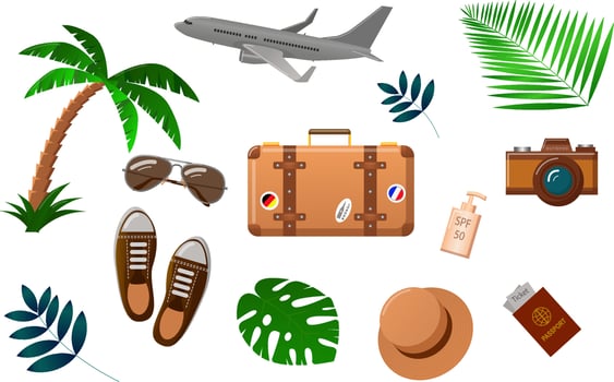 A set of vector illustrations for travel. A collection of items for leisure or travel. suitable for stickers, magazine and advertising products. Flat cartoon vector illustration