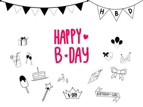 Set of Happy Birthday doodles. Sketch of party decoration, gift box, cake, party hats. Hand drawn vector illustration isolated on white background.
