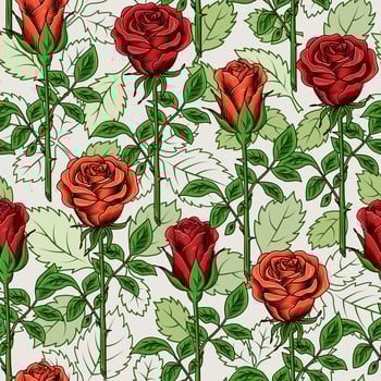 Vintage seamless pattern with lush blooming red roses with stem and leaves. Contours of green leaves on white background. Vector illustration