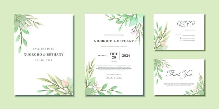 Wedding invitation with beautiful pink rose bouquet and leaves. Wedding invitation, Thank you card and RSVP with rose flower bouquet vector