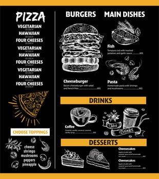 Menu cafe restaurant design template. Flyer with hand-drawn graphic. vector