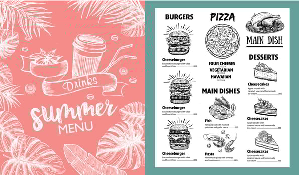 Restaurant food menu design. Summer menu, hand drawn illustrations. Vector food flyer.