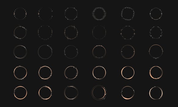 Circle gold frame. Luxury golden circular border with effect grunge. Elegant sphere boarder. Modern ring. Shape round pattern. Delicate graphic element for design greeting wedding, prints. Vector