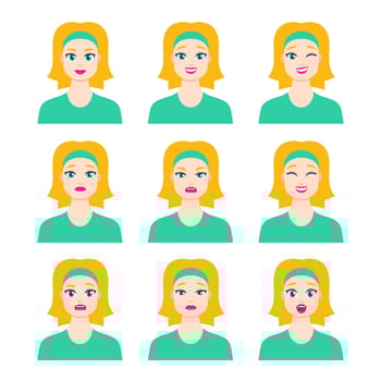 Set of young female icon with emotions in cartoon style. Girl blonde avatar profile with facial expression. Characters portraits in bright colors. Isolated vector illustration in flat design