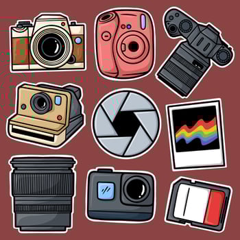 Sticker Set Hand Drawn Camera Cartoon Illustration vector