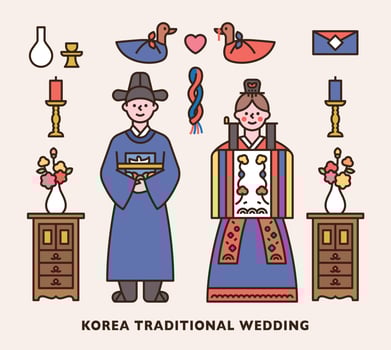 Korean traditional wedding. Groom and bride characters in Korean traditional wedding clothes. Traditional wedding items. vector