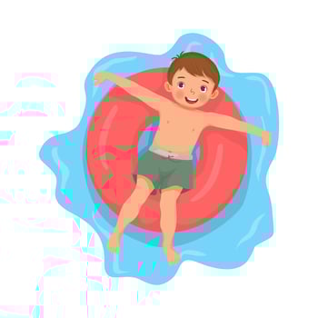 happy cute little boy with swimsuit lying on inflatable rubber ring having fun floating in swimming pool on summer time vector