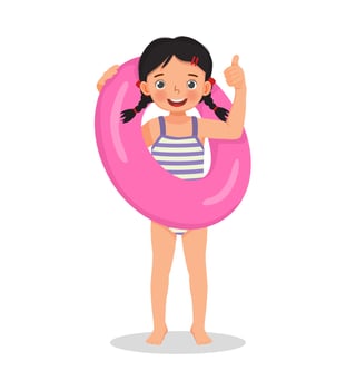 happy cute little girl with swimsuit holding inflatable rubber ring showing thumb up having fun on summer time vector