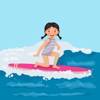 happy little girl surfer riding on surfboard having fun on sea wave on the beach in summer vacation vector