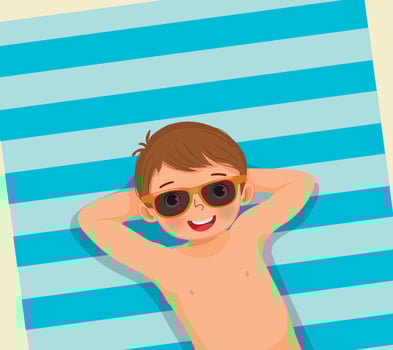 Top view of cute little boy with swimsuit and sunglasses lying on beach towel having fun sunbathing in summer vacation vector