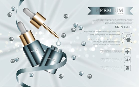Hydrating facial serum for annual sale or festival sale. blue and gold serum mask bottle isolated on glitter particles background. Graceful cosmetic ads, illustration vector