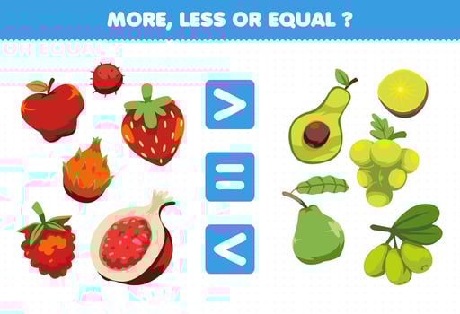 Education game for children more less or equal count the amount of cartoon fruits apple rambutan strawberry raspberries pomegranate dragon fruit avocado grape guava olive kiwi vector