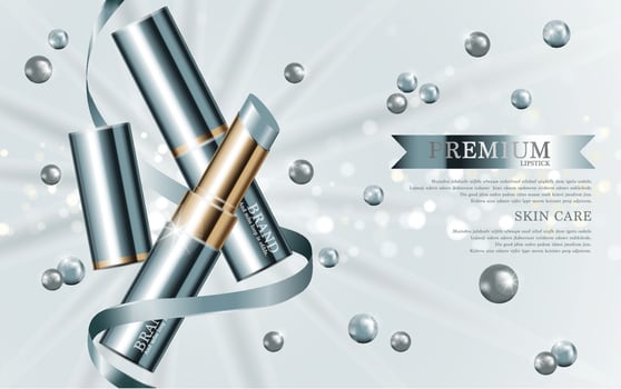 Hydrating facial lipstick for annual sale or festival sale. gold lipstick mask bottle isolated on glitter particles background. Banner graceful cosmetic ads, illustration vector