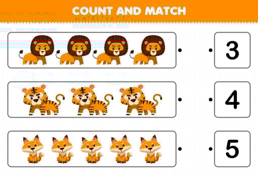 Education game for children count and match count the number of cute cartoon orange wild animal lion tiger fox and match with the right numbers printable worksheet vector