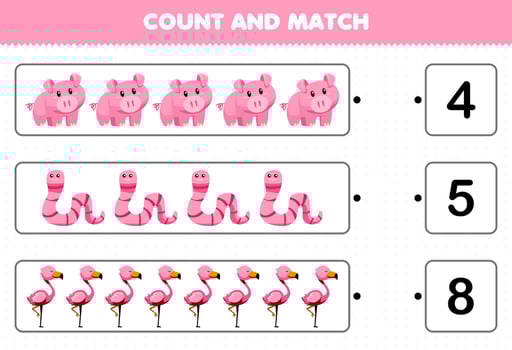 Education game for children count and match count the number of cute cartoon pink animal pig worm flamingo and match with the right numbers printable worksheet vector