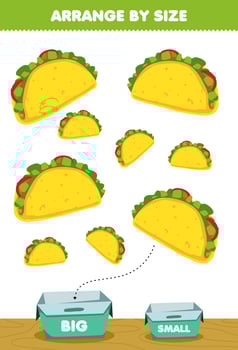 Education game for children arrange by size big or small put it in the box cartoon food snack taco pictures vector