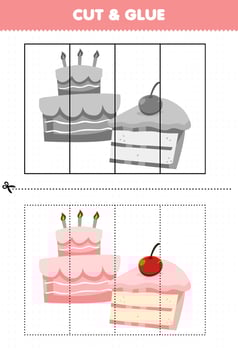 Education game for children cut and glue with cartoon food cake vector