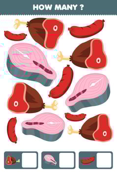Education game for children searching and counting activity for preschool how many cartoon food salmon beef sausage vector
