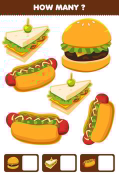 Education game for children searching and counting activity for preschool how many cartoon food snack sandwich hotdog burger vector