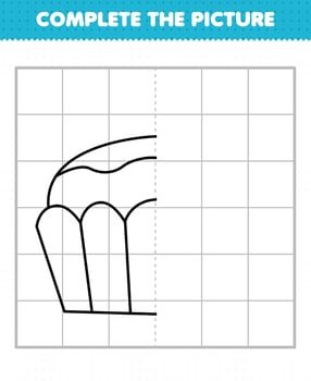 Education game for children complete the picture cartoon food cupcake half outline for drawing vector