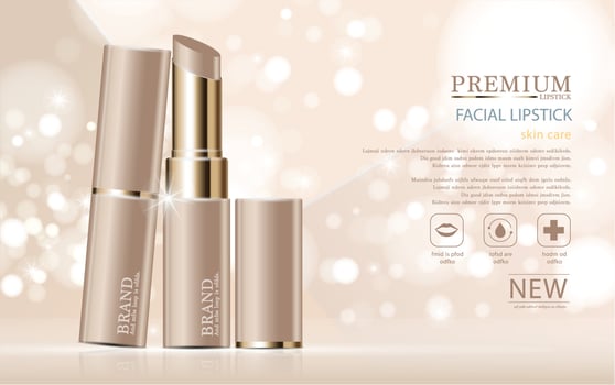 Hydrating facial lipstick for annual sale or festival sale. gold lipstick mask bottle isolated on glitter particles background. Banner graceful cosmetic ads, illustration vector
