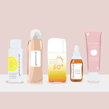 Hand drawn and colored cosmetic packaging illustration. Isolated with blue background. vector