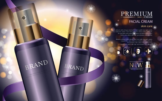 Hydrating facial cream for annual sale or festival sale. gold cream mask bottle isolated on glitter particles background. Graceful cosmetic ads, illustration vector