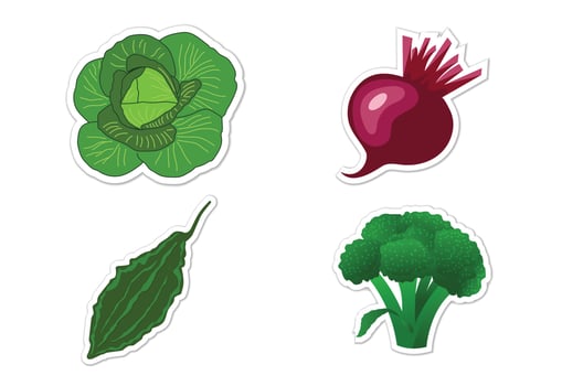 Sticker set of different vegetables, Flat vector illustration