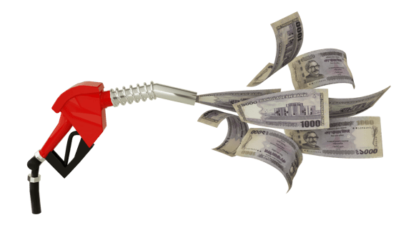 3d rendering of 1000 Bangladeshi taka notes coming out from fuel pump. red fuel nozzle with Bangladeshi taka flying around isolated on transparent background, png transparency
