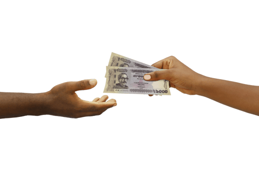 Hand giving 1000 Bangladeshi taka notes to another hand isolated on transparent background, png transparency Hand receiving money