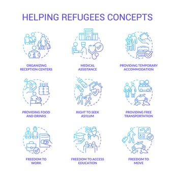 Helping refugees blue gradient concept icons set. International asylum seekers assistance idea thin line color illustrations. Isolated symbols. vector