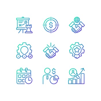 Business activities gradient linear vector icons set. Strategic management. Investment target. Deal making. Thin line contour symbol designs bundle. Isolated outline illustrations collection