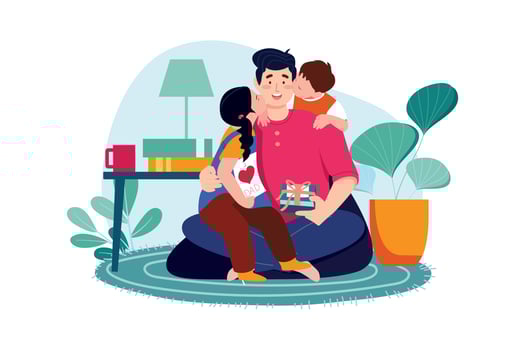 Son and daughter kiss their happy father's cheeks from both sides vector