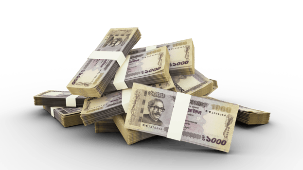 3D Stack of 1000 Bangladeshi taka notes isolated on transparent background, png transparency