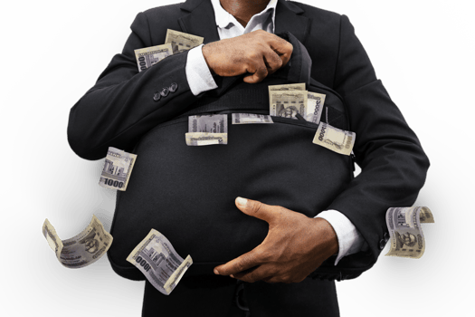 Businessman holding black bag full of 1000 Bangladeshi taka notes isolated on transparent background, png transparency, money falling from bag