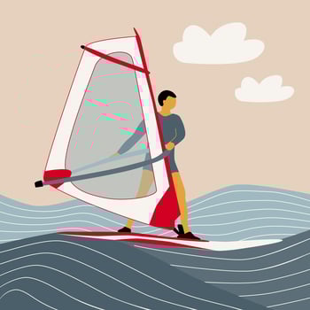 Hand draw vector illustration man on windsurf, abstract sea and sky background, water sports, riding on waves, summer holidays