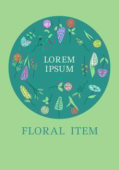 Cover card design with floral elements. Hand drawn simple flowers. Colorful round background with blooming. It can be used for invitation, card, cover, lable. A4 size. Vector illustration, eps10.