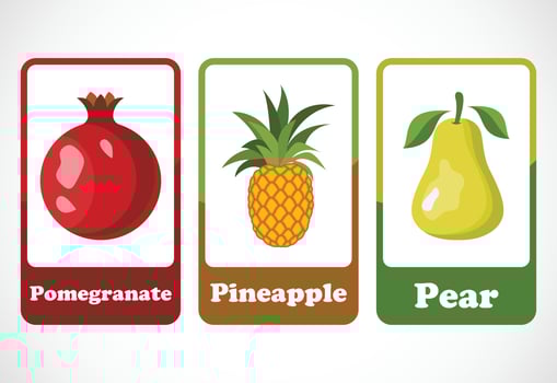Fruit flashcards for kids. Educational cards for preschool. Printable vector illustration