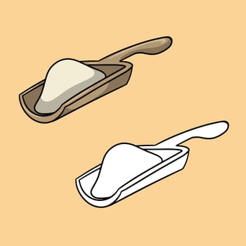 A set of pictures, a wooden spatula with flour, a scoop with white salt, a vector illustration in cartoon style on a colored background