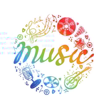 Frame with musical elements in a circle, hand-drawn in sketch style. Circle frame with hand-drawn musical inscriptions. Vinyl record, old microphone, etc. Rainbow elements on white background vector