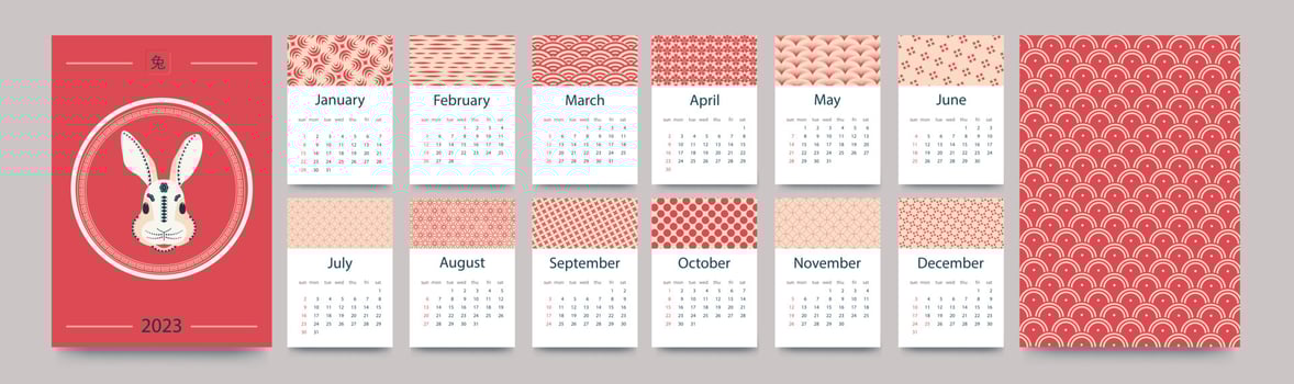 Calendar template for 2023. Vertical design with a Chinese theme. Traditional patterns. Editable page template with A4 illustrations, set of 12 months with covers. Vector illustration.