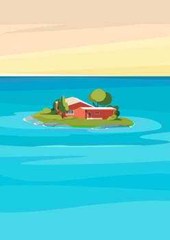 Seascape with red house on island. Natural landscape in vertical format. vector