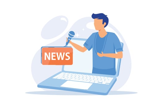 Mass media. Reporter cartoon character. Daily news, broadcasting, online press, internet journalism. Social media concept. Correspondent, journalist. Vector illustration