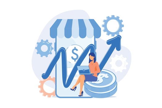Income growth. Freelancer sitting on coins and working with laptop cartoon character. Money earning, virtual sales, marketing strategy. Vector illustration