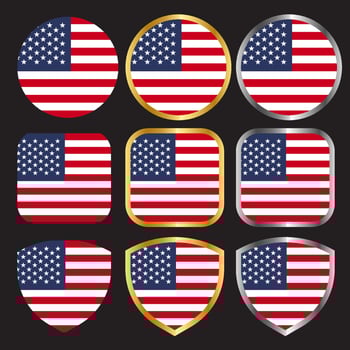 american flag vector icon set with gold and silver border