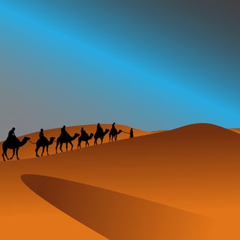 arabian camel caravan in the desert landscape illustration vector