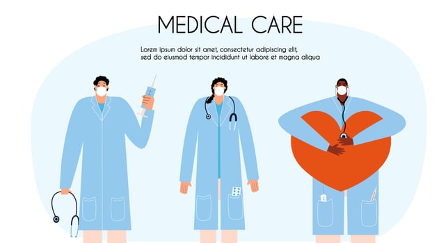 A set of doctors wearing medical masks during the coronavirus epidemic. Landing page, banner for clinic, site. Vector illustration in a flat style.