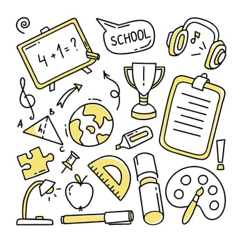 Back to school doodle set of elements. Vector illustration in line style.